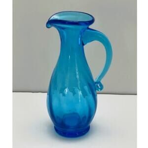 Vintage Italian Hand Blown Art Glass Turquoise Blue Swirl Mini  Pitcher (1970s)